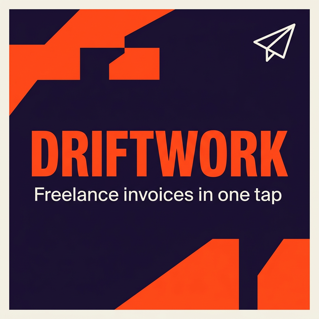 Sample Palentier spotlight graphic for the fictional company Driftwork, with tagline "Freelance invoices in one tap"