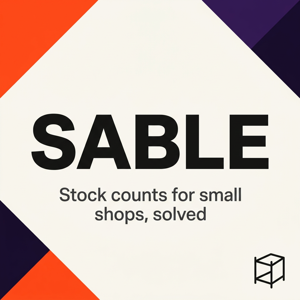 Sample Palentier spotlight graphic for the fictional company Sable, with tagline "Stock counts for small shops, solved"